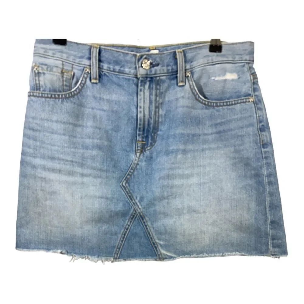 7 FOR ALL MANKIND Women’s Raw Hem Distressed Denim Jean Mini Skirt Blue Size 27
